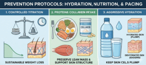 Infographic illustrating prevention protocols for Ozempic face, featuring controlled titration, protein and collagen intake for skin structure, and aggressive hydration.