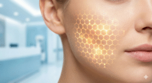 Medical illustration of facial volume restoration showing a glowing golden collagen network under the skin, representing bio-stimulator treatments to fix 'Ozempic face'
